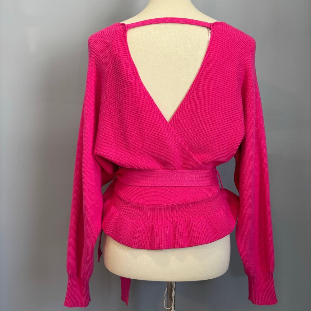 Lulus Hot Pink Barbiecore Wrap Sweater Coquette Ruffle Hem Balletcore Preppy S - Picture 7 of 8
